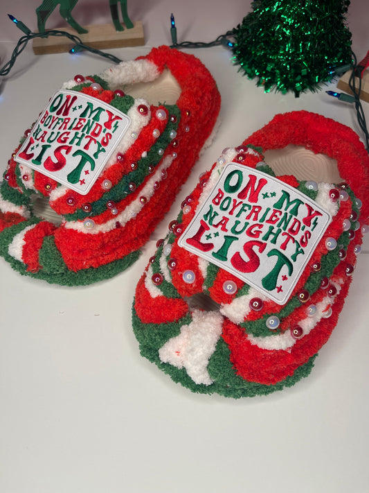 "Fun and festive Naughty List slippers, handmade for warmth and holiday cheer."