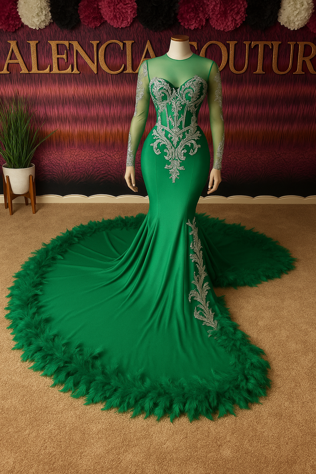 "Emerald Elegance" Feathered Mermaid Gown