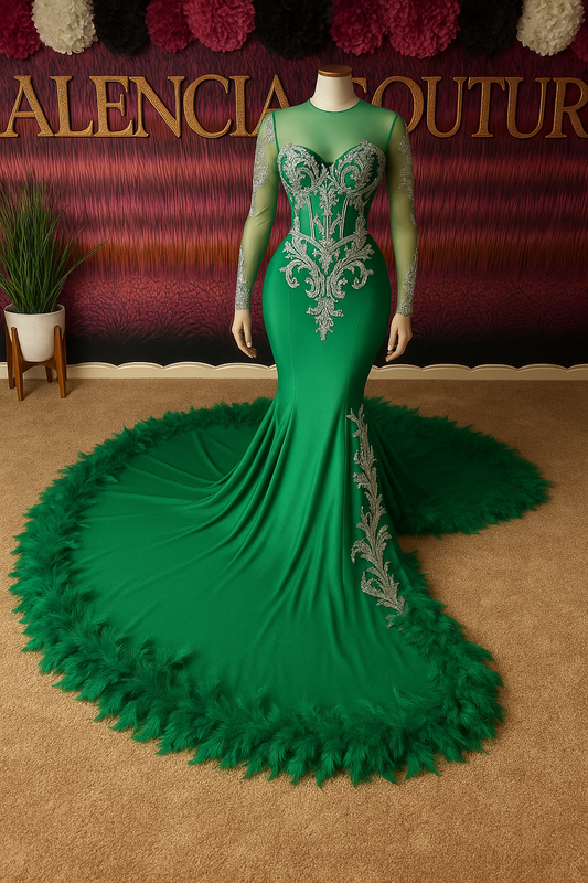 "Emerald Elegance" Feathered Mermaid Gown