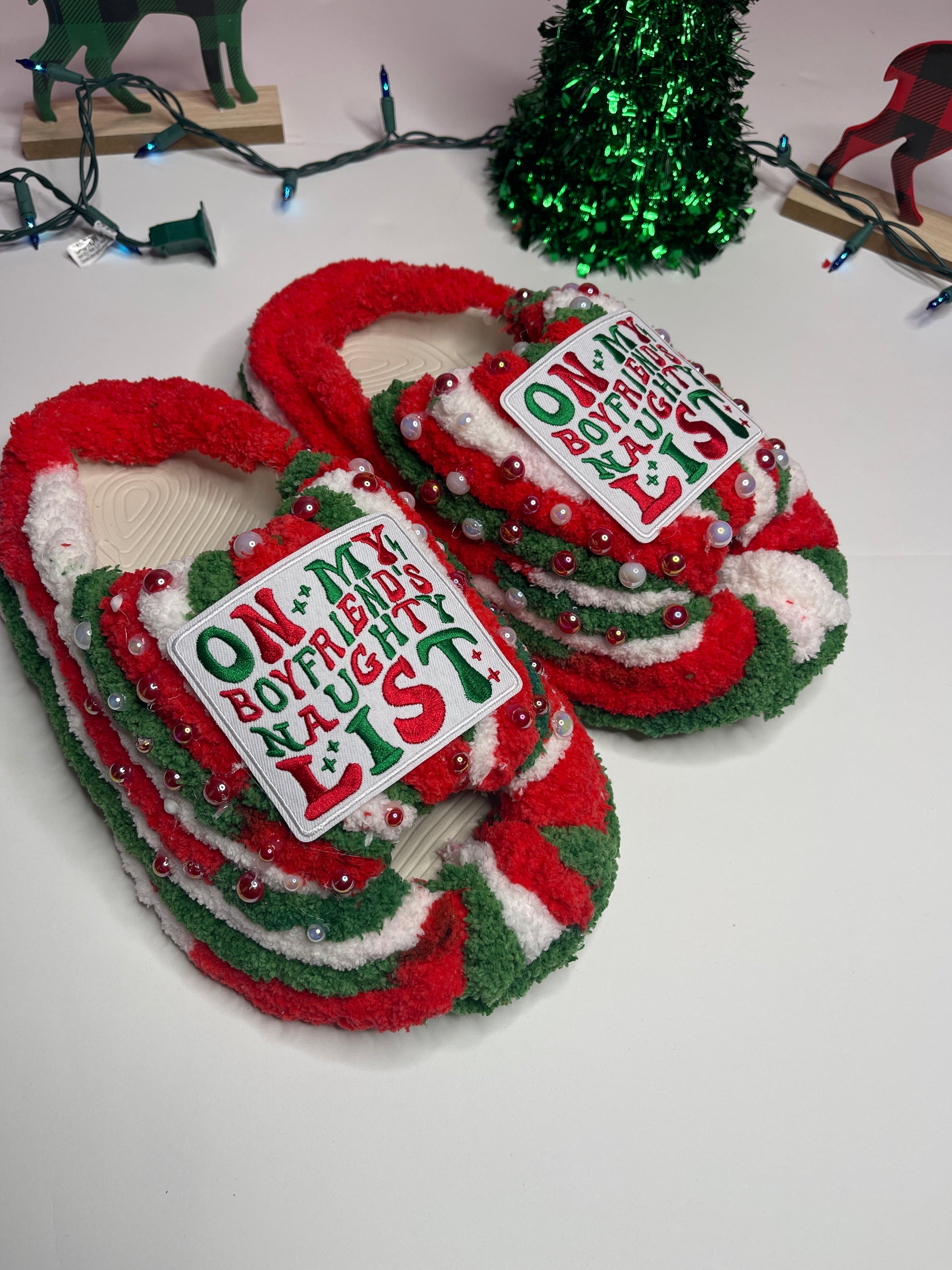 "Fun and festive Naughty List slippers, handmade for warmth and holiday cheer."