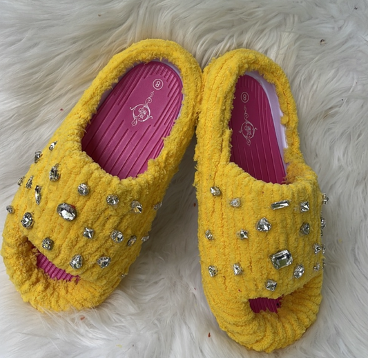 YELLOW GLASS RHINESTONE CHUNKY SLIDES